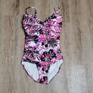 Snozu Ruched Classy One-Piece Swimsuit ~ Purple & Pink ~ Sz 12 ~ Removable Strap